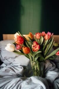 Bouquet de tulipes colorées dans un vase en verre posé sur un lit avec des draps rayés gris. Ambiance cosy.
